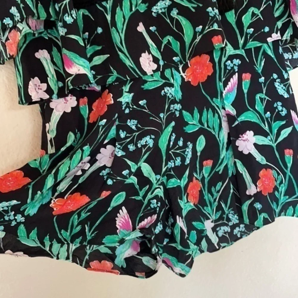 kate spade Black Floral Print Romper with Green and Red Accents